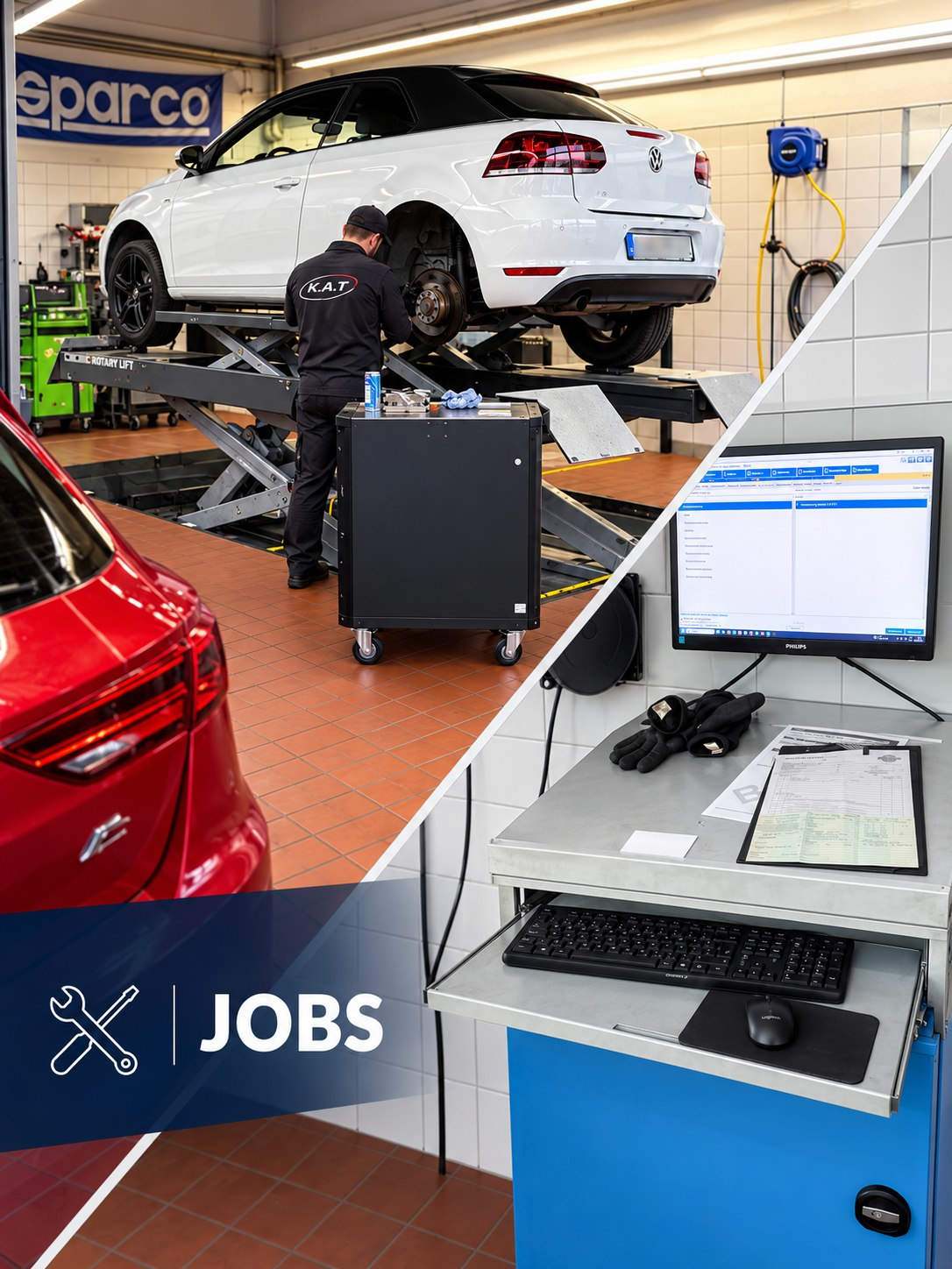 Mitarbeiter der Konzer-Auto-Teile GmbH bei der Bremsenarbeit an einem angehobenen Fahrzeug, daneben der Diagnose-Arbeitsplatz